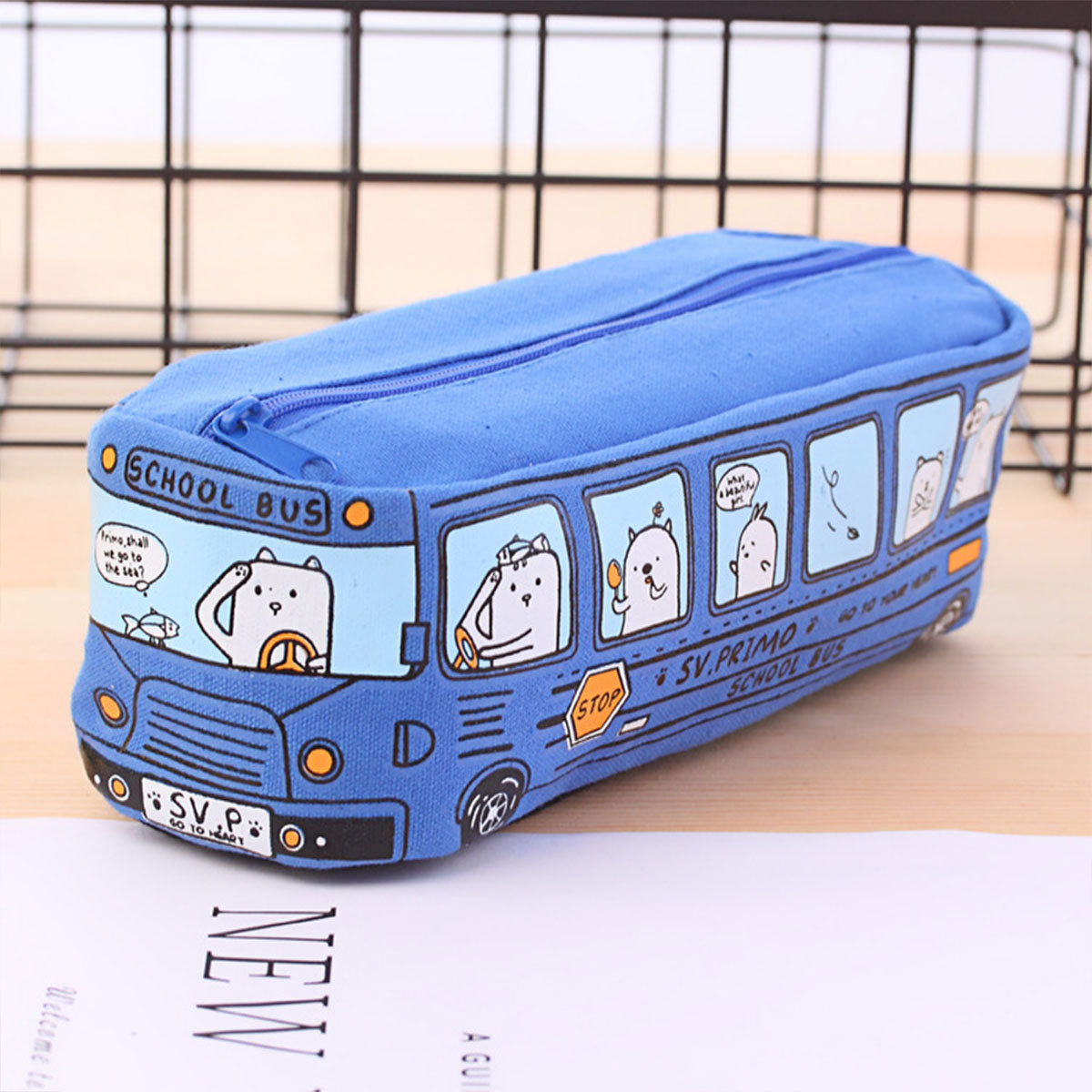 4 Pcs Cartoon Bus Pencil Case Large Capacity Washable Canvas