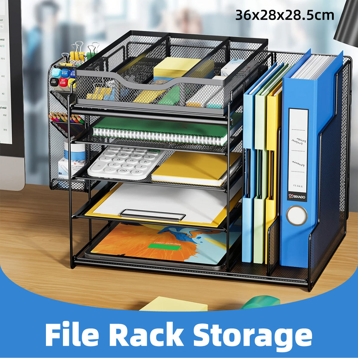 Multi-Layer Desktop File Rack Organizer Black Mesh 36×28×28.5cm