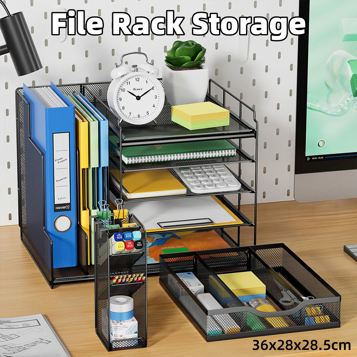 Multi-Layer Desktop File Rack Organizer Black Mesh 36×28×28.5cm