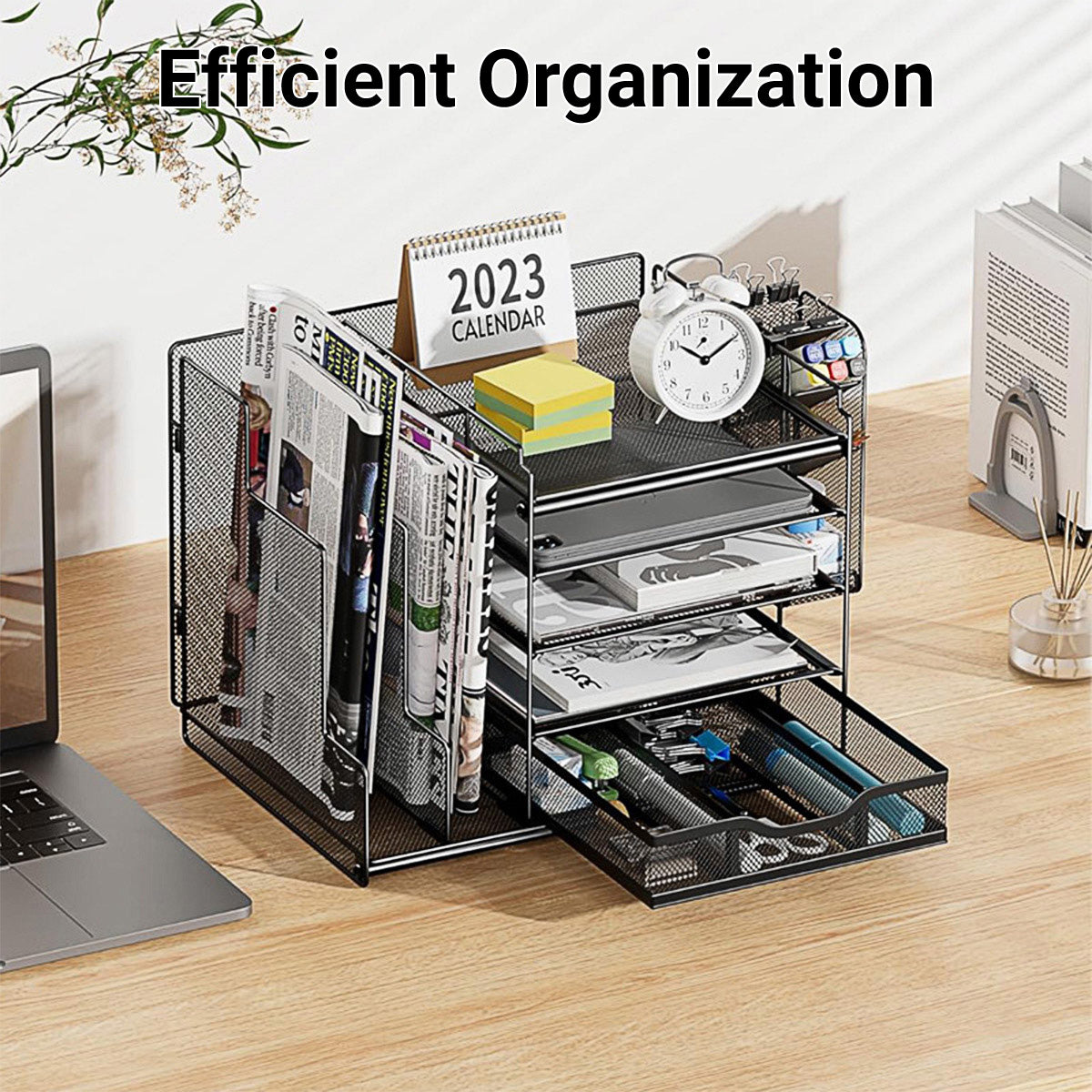 Multi-Layer Desktop File Rack Organizer Black Mesh 36×28×28.5cm