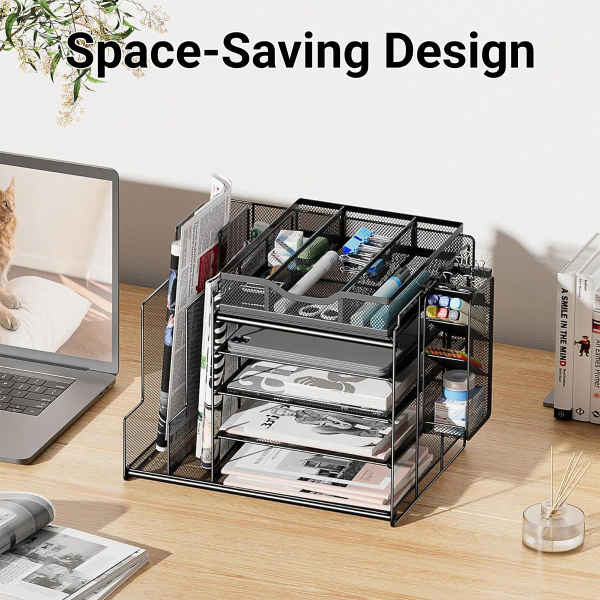 Multi-Layer Desktop File Rack Organizer Black Mesh 36×28×28.5cm