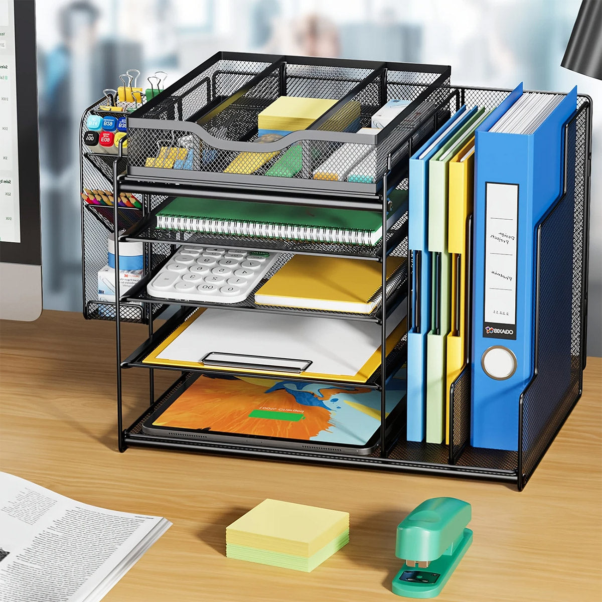 Multi-Layer Desktop File Rack Organizer Black Mesh 36×28×28.5cm