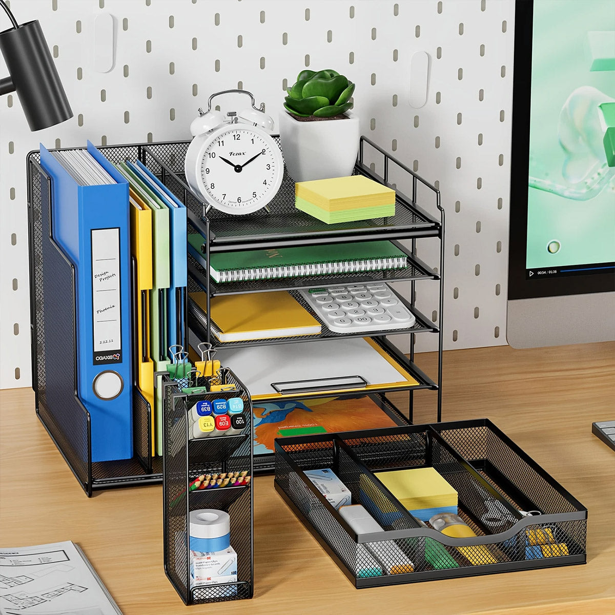 Multi-Layer Desktop File Rack Organizer Black Mesh 36×28×28.5cm
