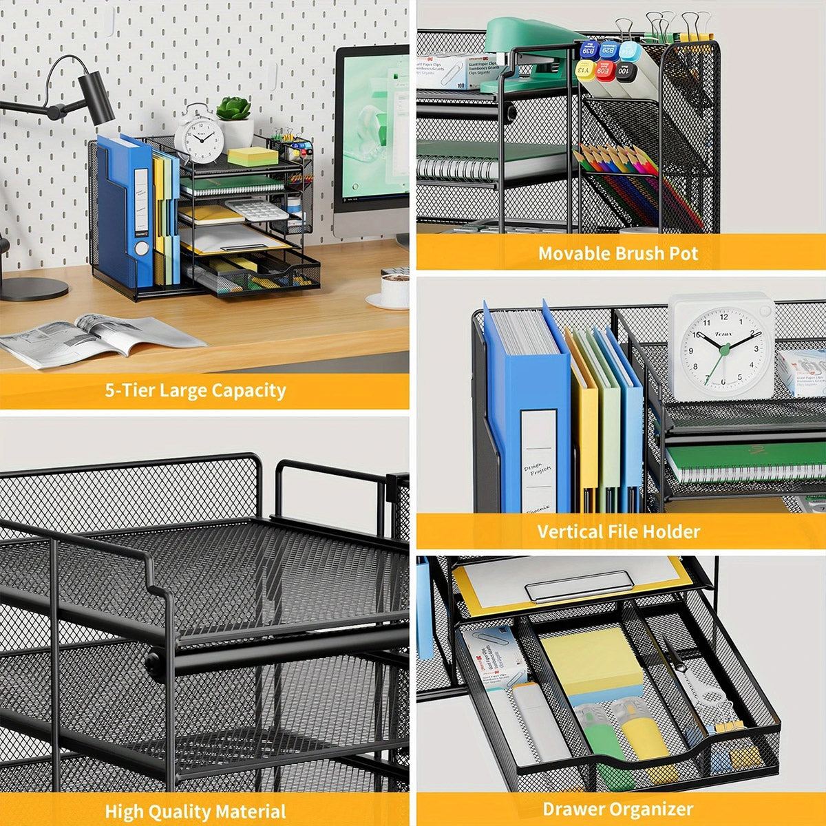 Multi-Layer Desktop File Rack Organizer Black Mesh 36×28×28.5cm