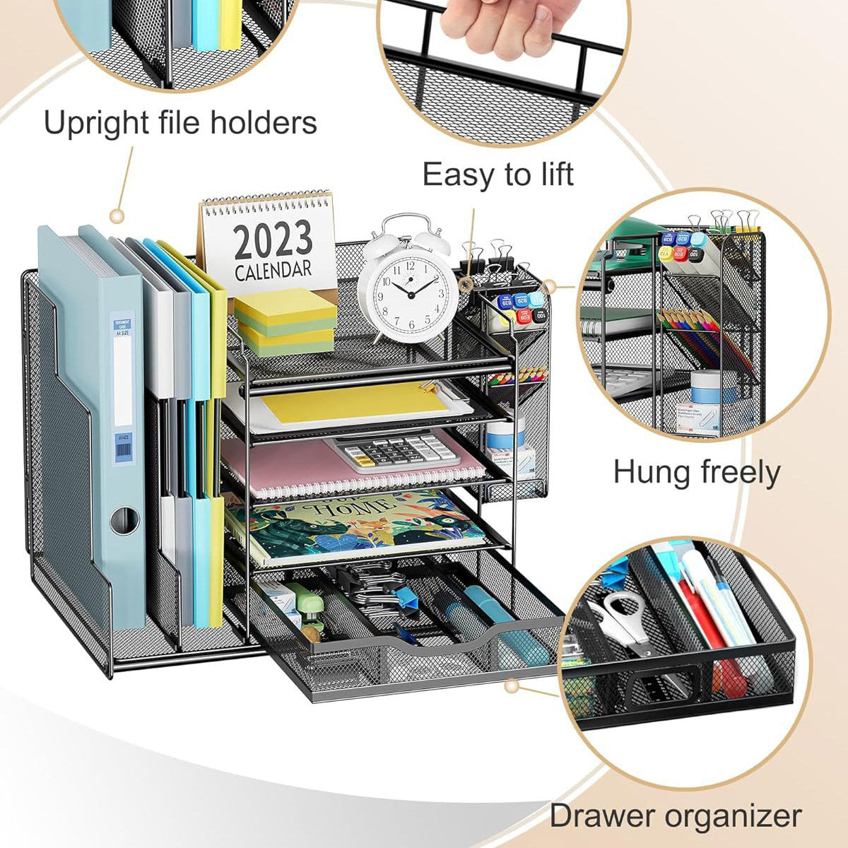 Multi-Layer Desktop File Rack Organizer Black Mesh 36×28×28.5cm