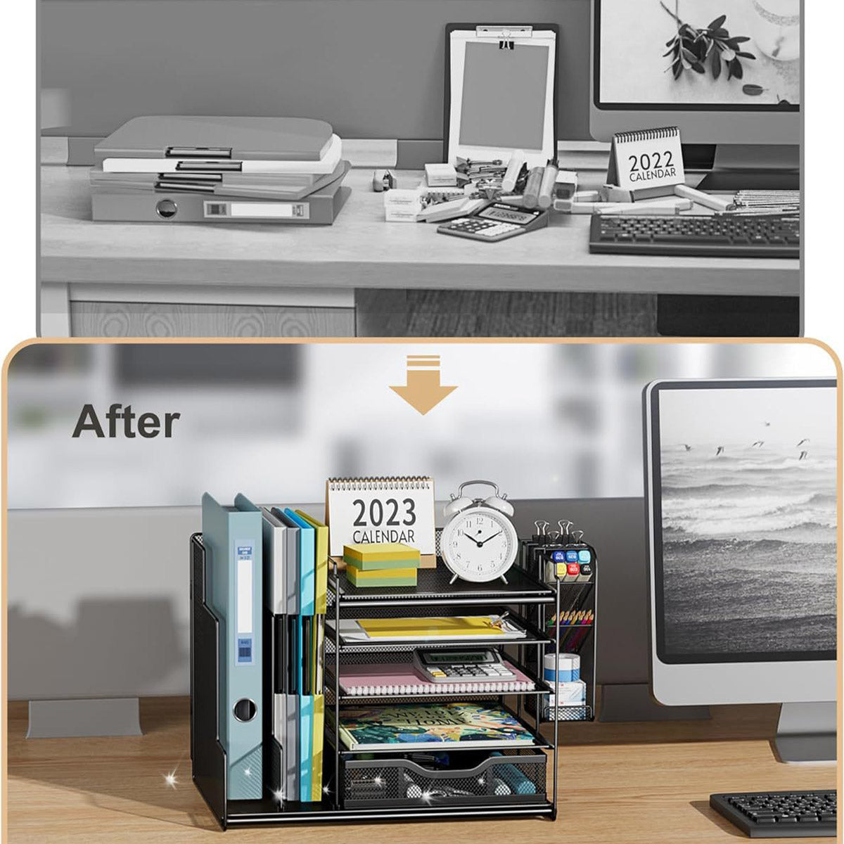Multi-Layer Desktop File Rack Organizer Black Mesh 36×28×28.5cm