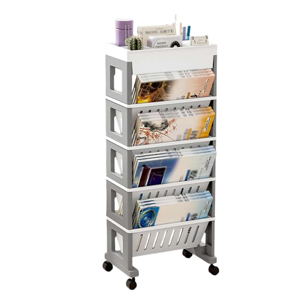 Movable Trolley Book Storage Rack with Four Layers