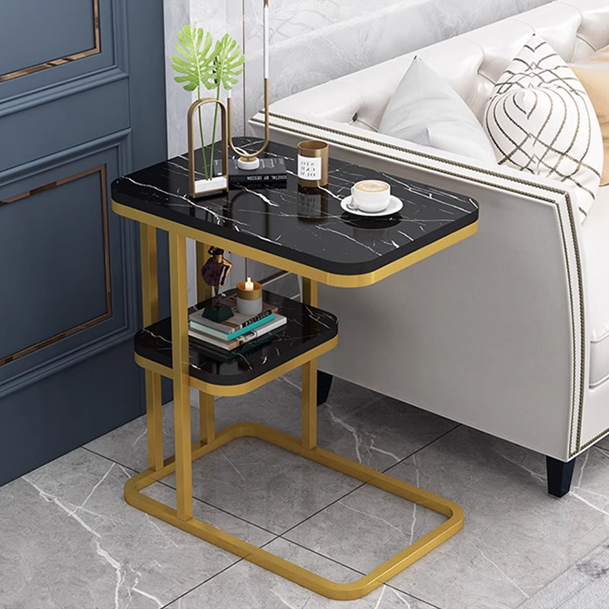 2 Tier Side Table with Rounded Corners for Living Room