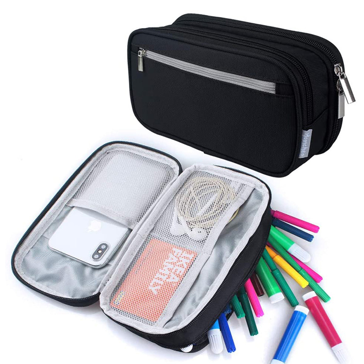 2 Pcs Large Capacity Pencil Case Waterproof 3 Layer Black Grey