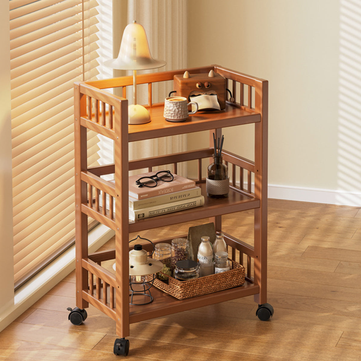 3 Tier Bamboo Movable Storage Rack with Wheels