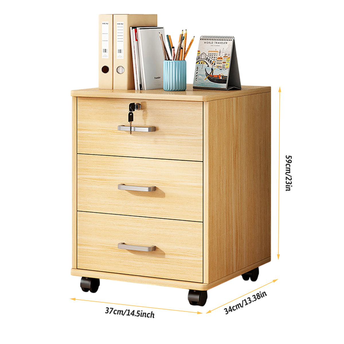 3-Drawer Rolling File Cabinet with Lock for Under-Desk Use