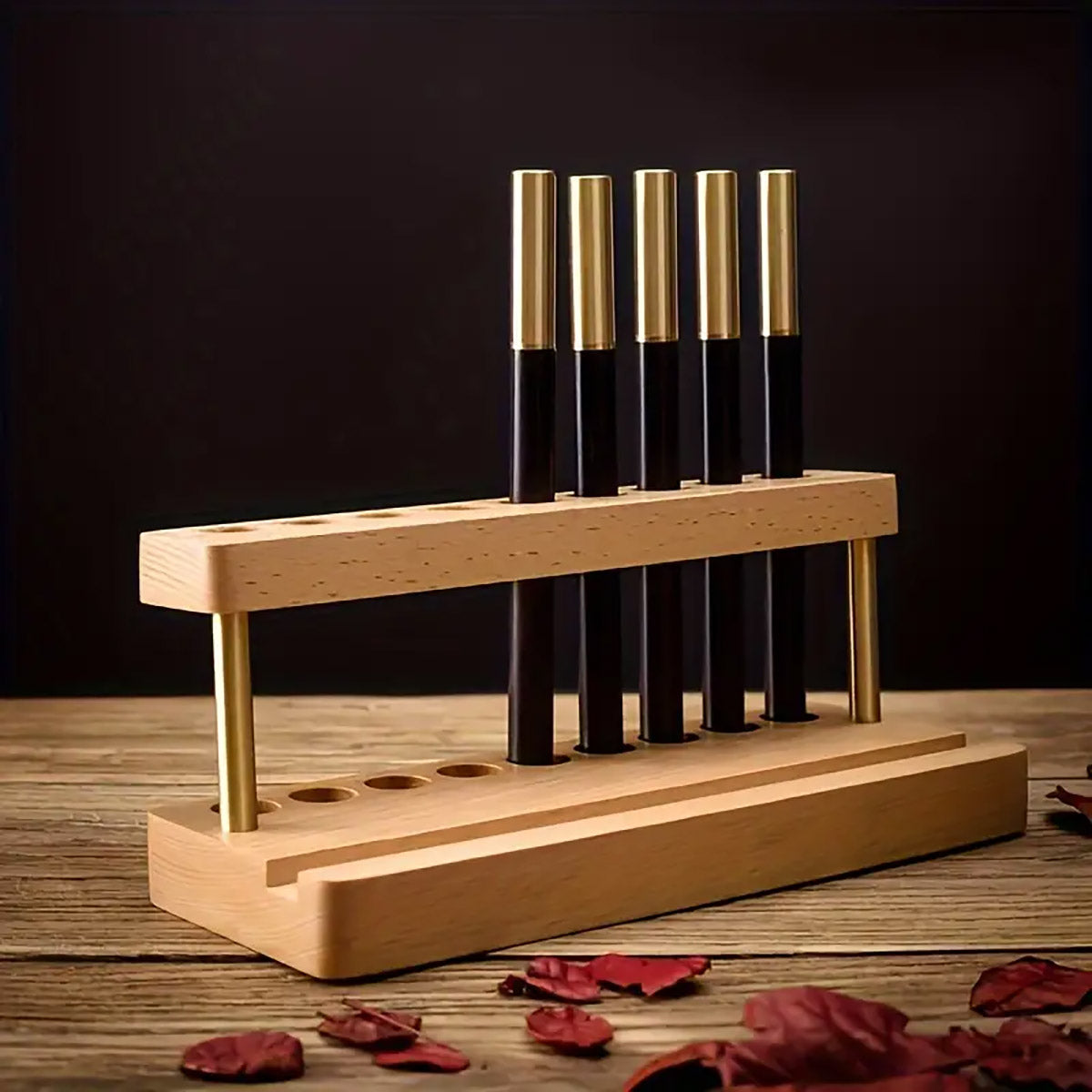 Wooden Desktop Organiser Pen Holders and Phone Stand Brass