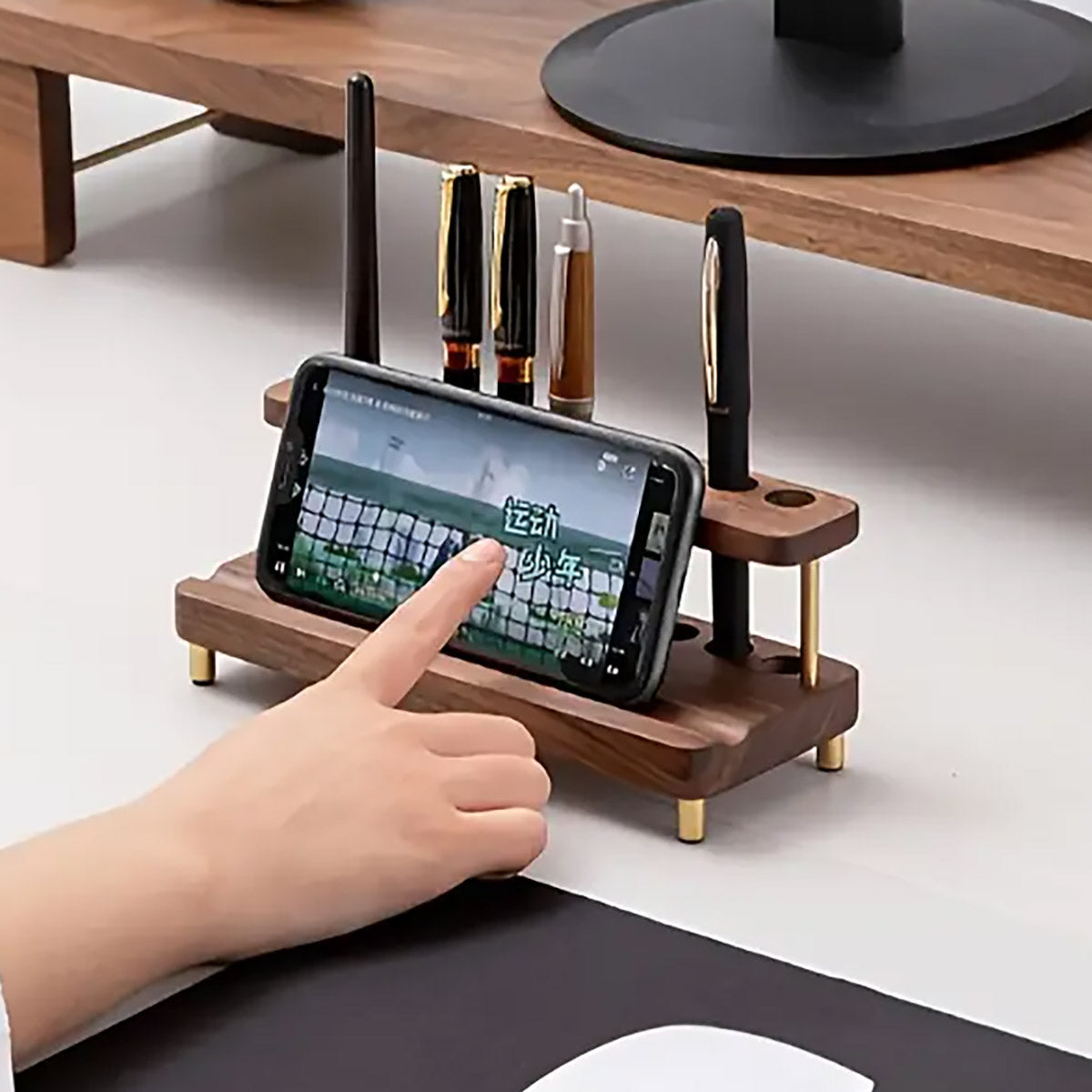 Wooden Desktop Organiser Pen Holders and Phone Stand Brass