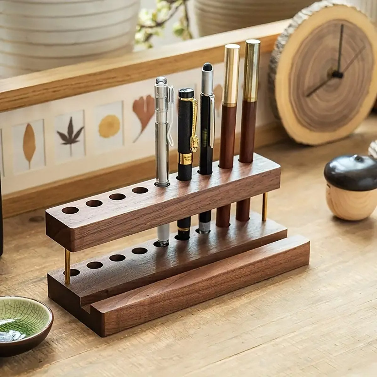 Wooden Desktop Organiser Pen Holders and Phone Stand Brass