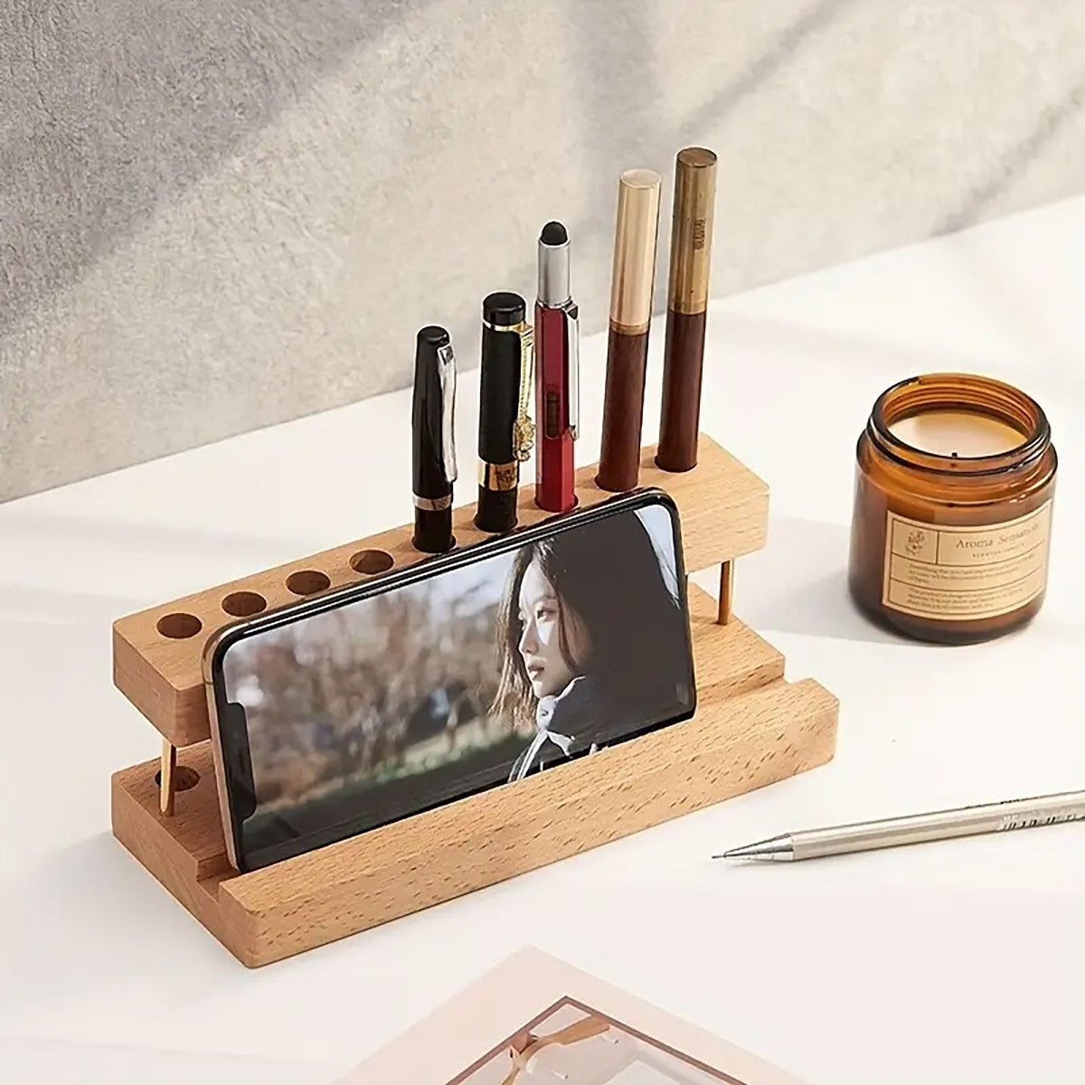Wooden Desktop Organiser Pen Holders and Phone Stand Brass