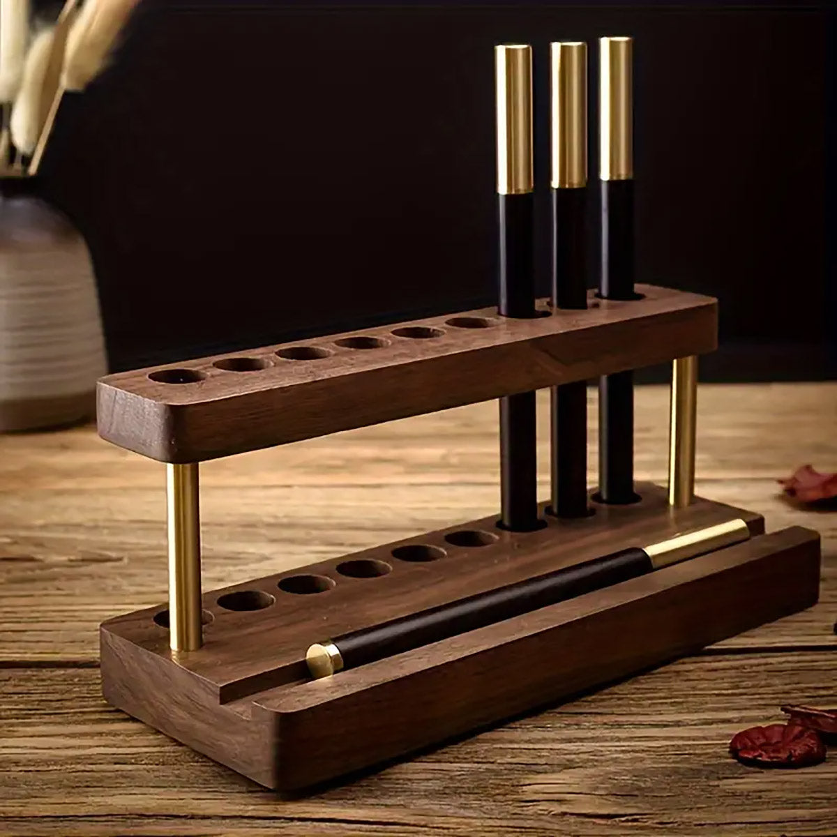 Wooden Desktop Organiser Pen Holders and Phone Stand Brass