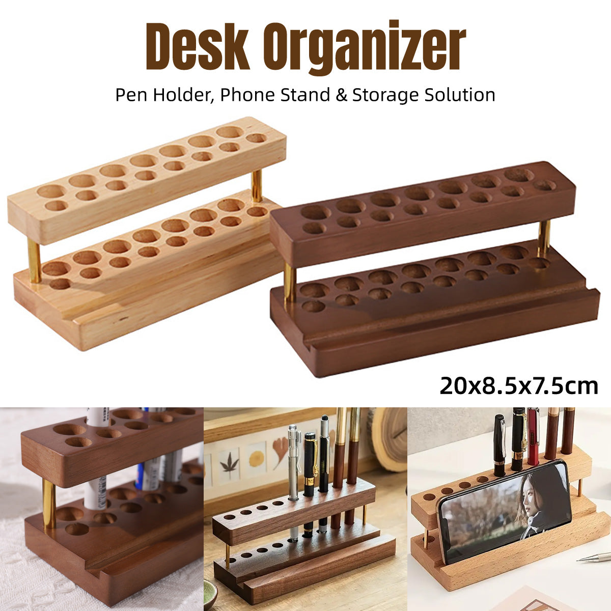 Wooden Desktop Organiser Pen Holders and Phone Stand Brass