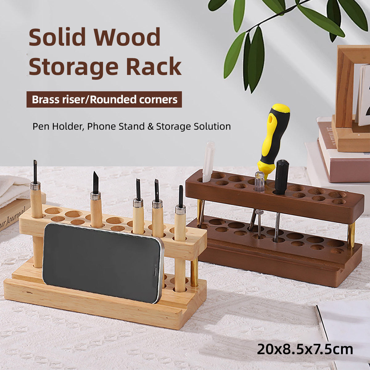 Wooden Desktop Organiser Pen Holders and Phone Stand Brass