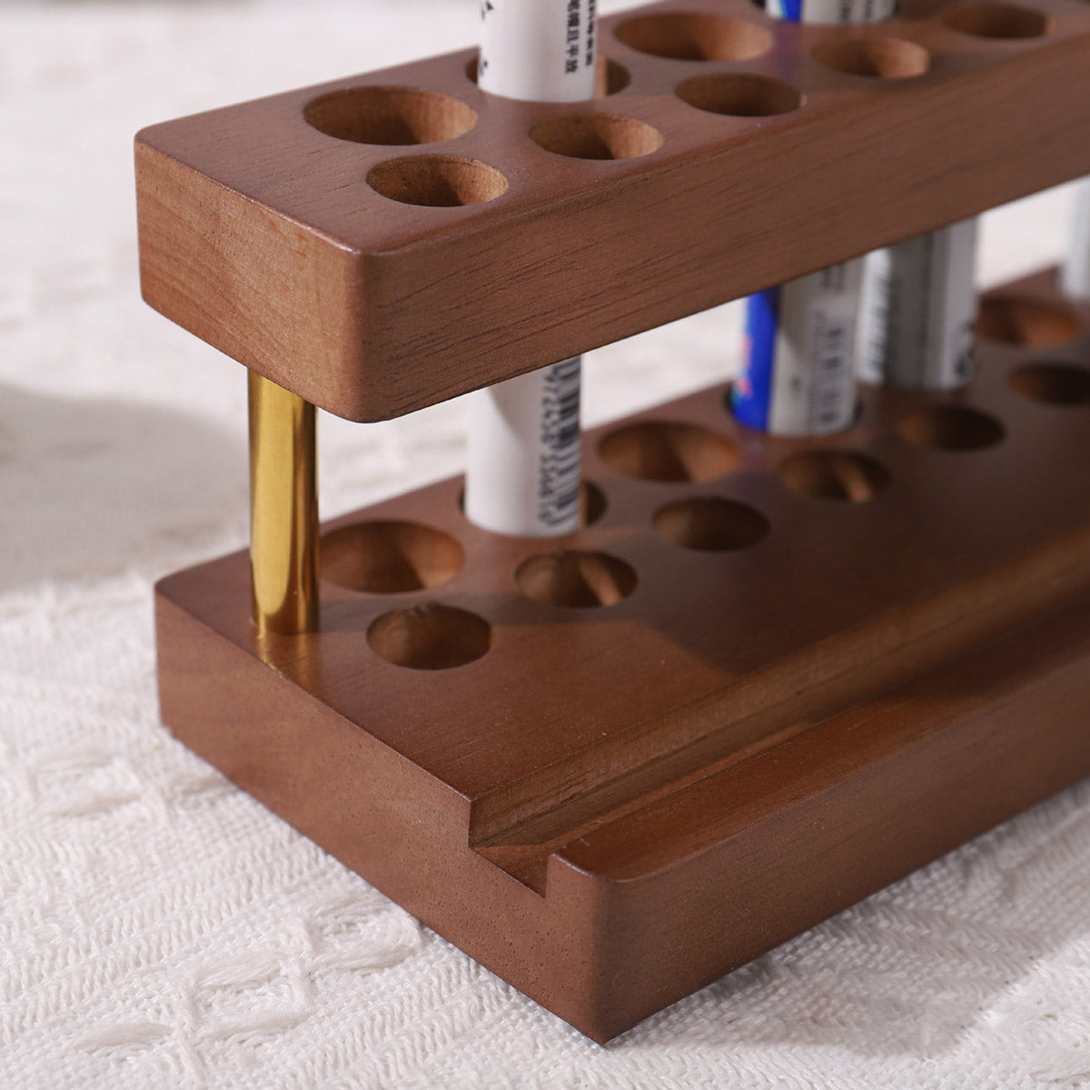 Wooden Desktop Organiser Pen Holders and Phone Stand Brass