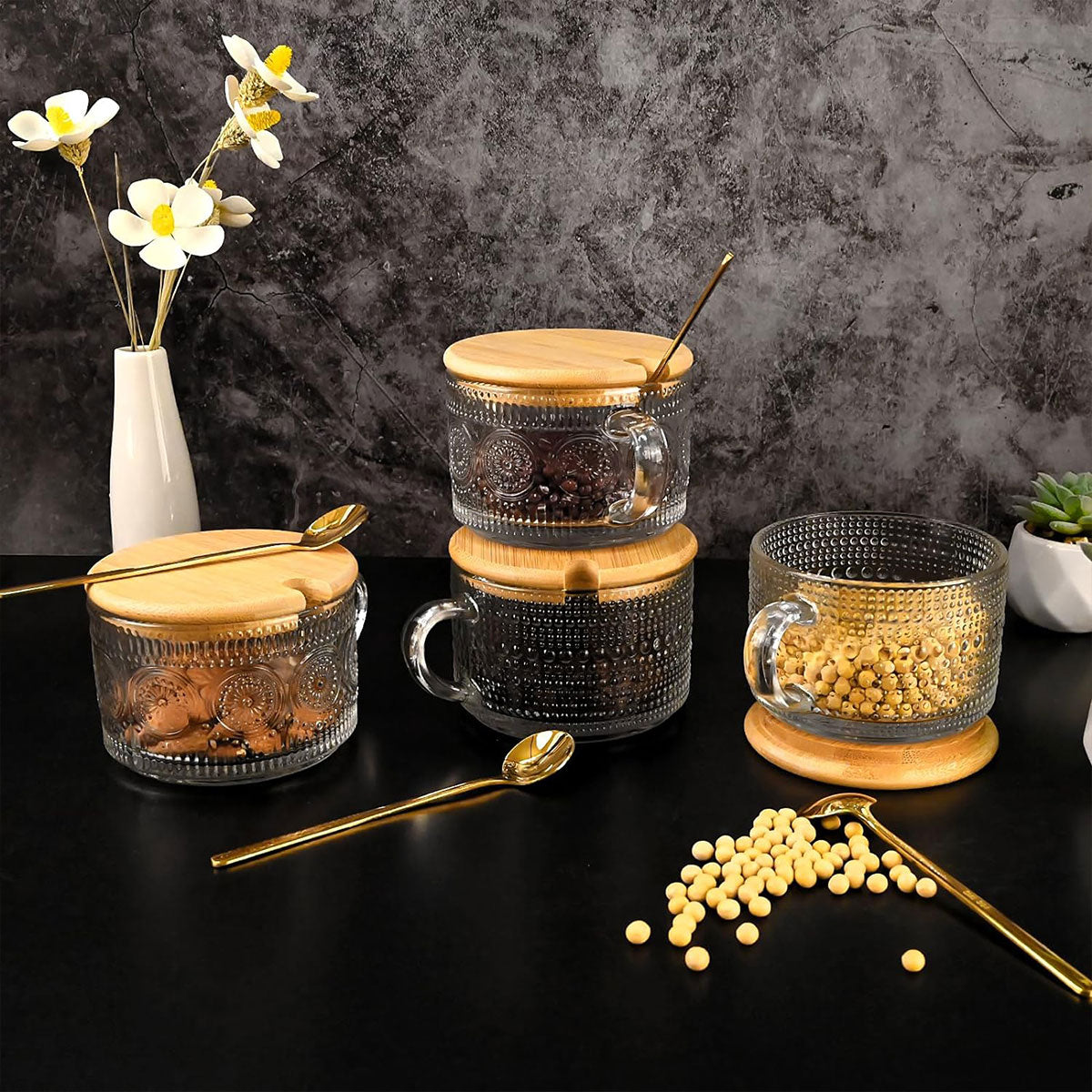 4pcs Embossed Glass Coffee Cups 14oz with Lids