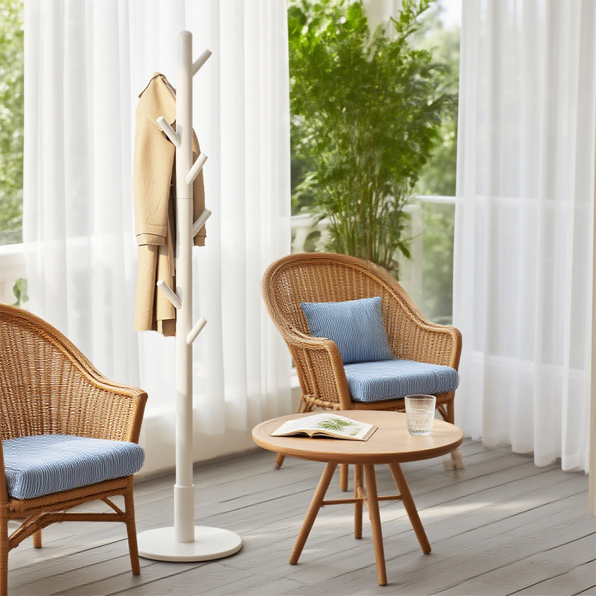 Solid Wood Clothes Hanger Floor Coat Rack with 8 Hooks