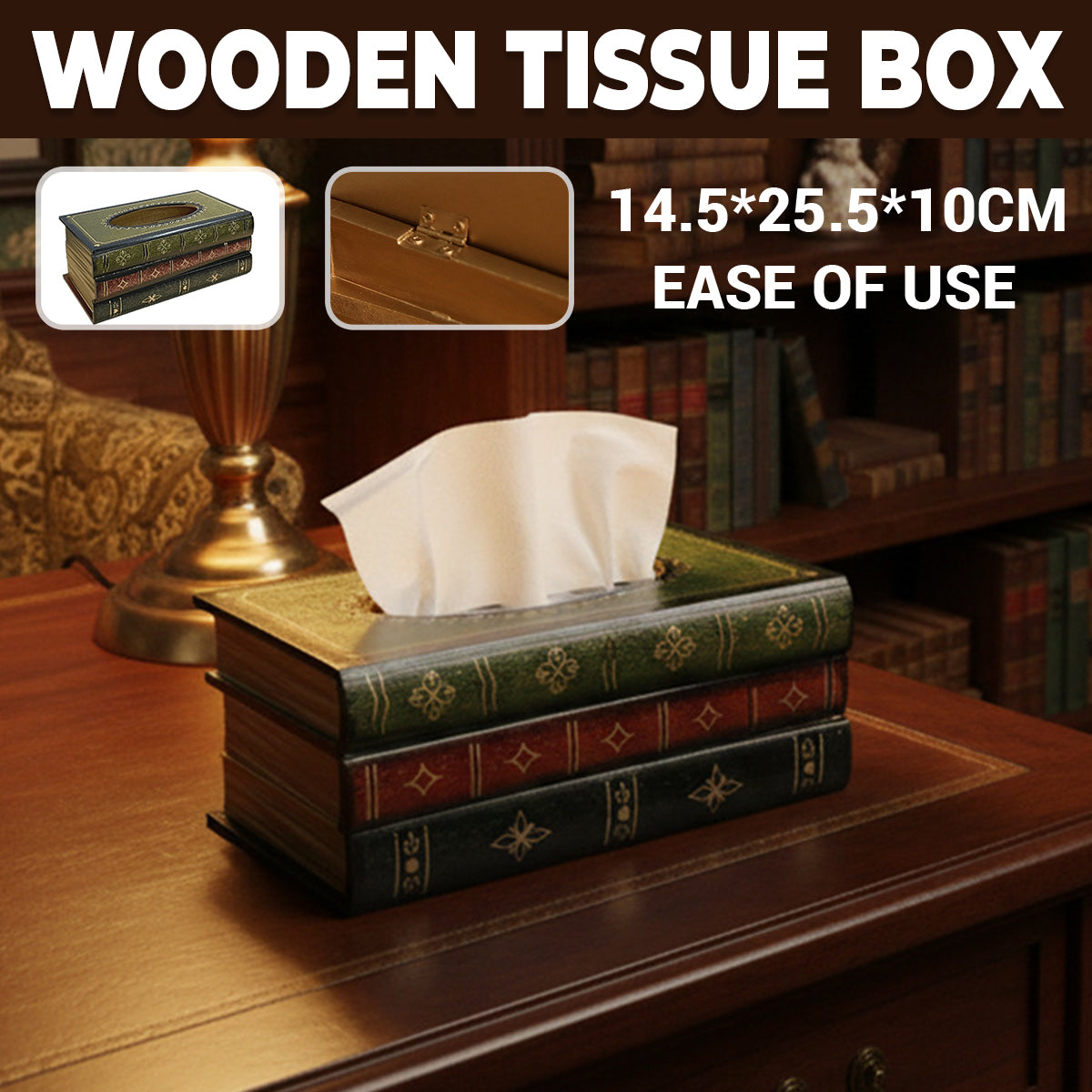 Retro Book-Shaped Wooden Tissue Box Hand-Painted