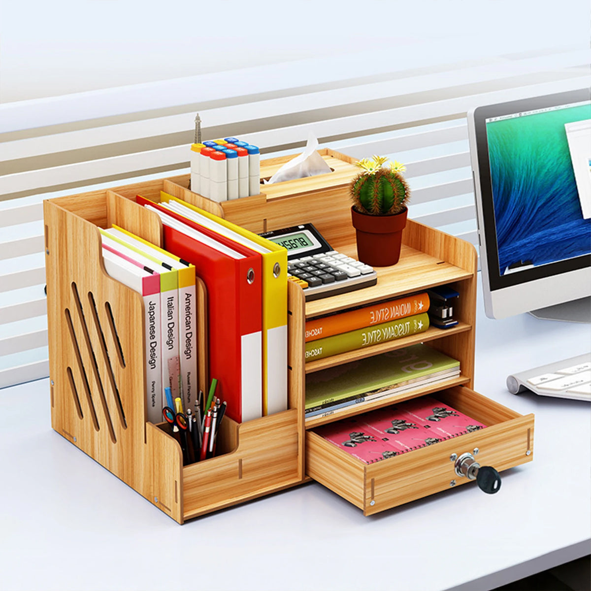 Desktop Storage Box Desk Organizer with Lock 38.8×29×28cm Wood