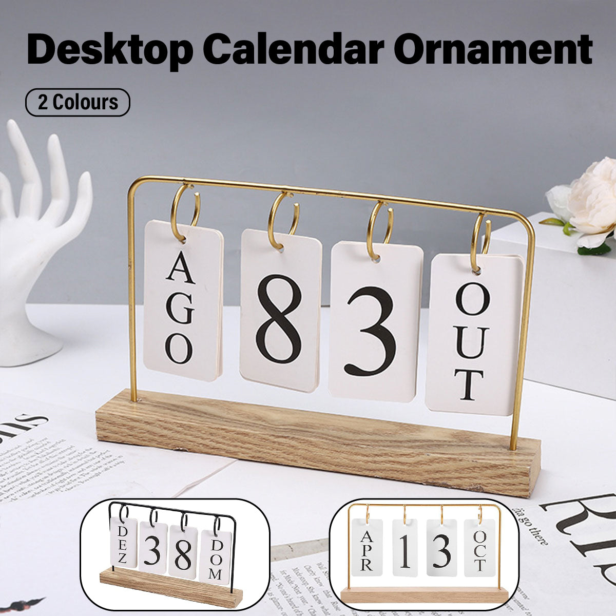 Wooden Desk Calendar Perpetual with Metal Rings Black Gold