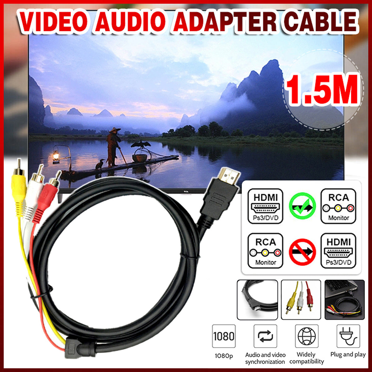 1.5m HDMI to 3 RCA Adapter Cable Gold-Plated