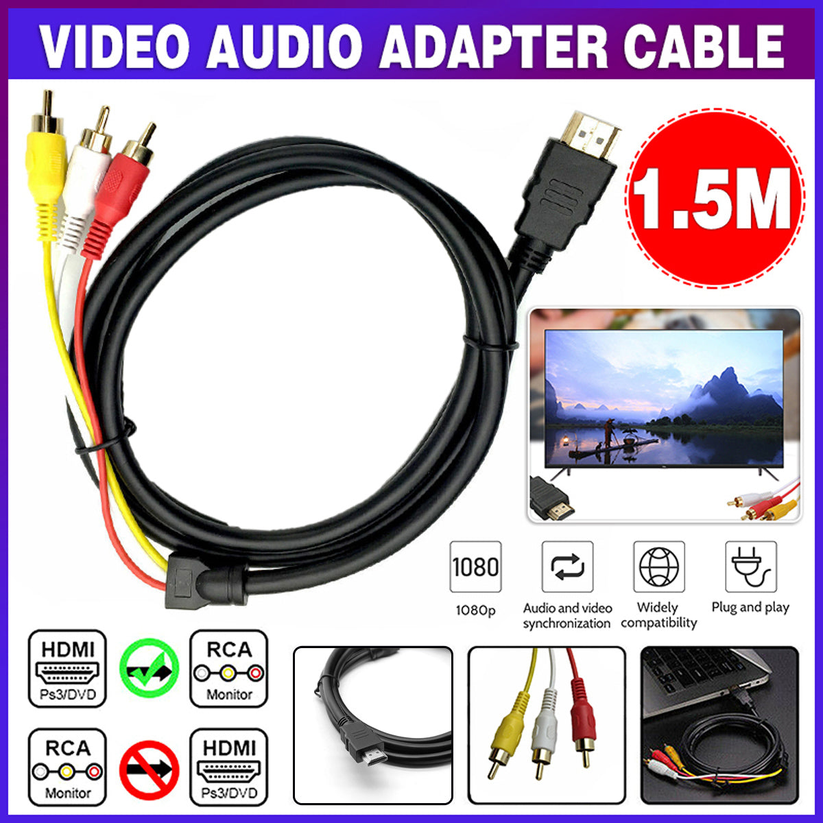 1.5m HDMI to 3 RCA Adapter Cable Gold-Plated