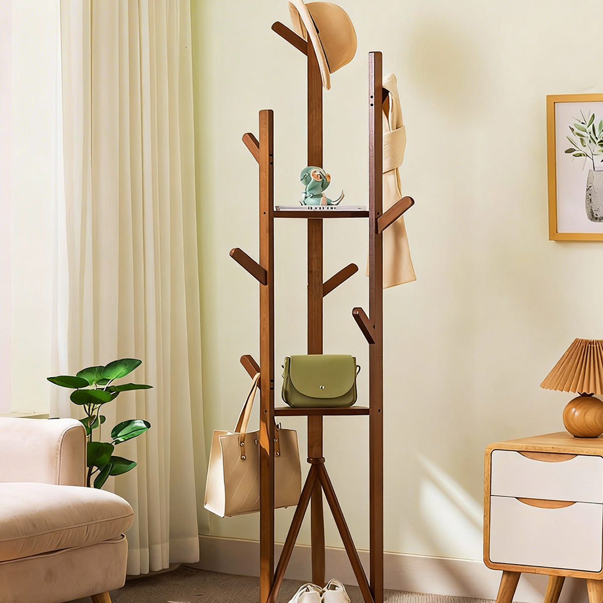 Bamboo Floor Standing Clothes Rack with 8 Hooks