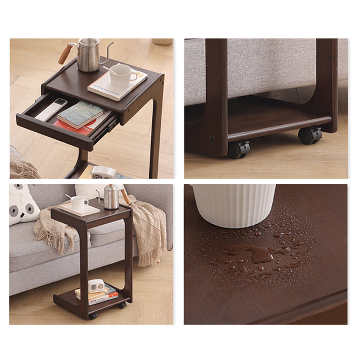 Solid Wood Rolling Coffee Table with Wheels 2-Tier Design