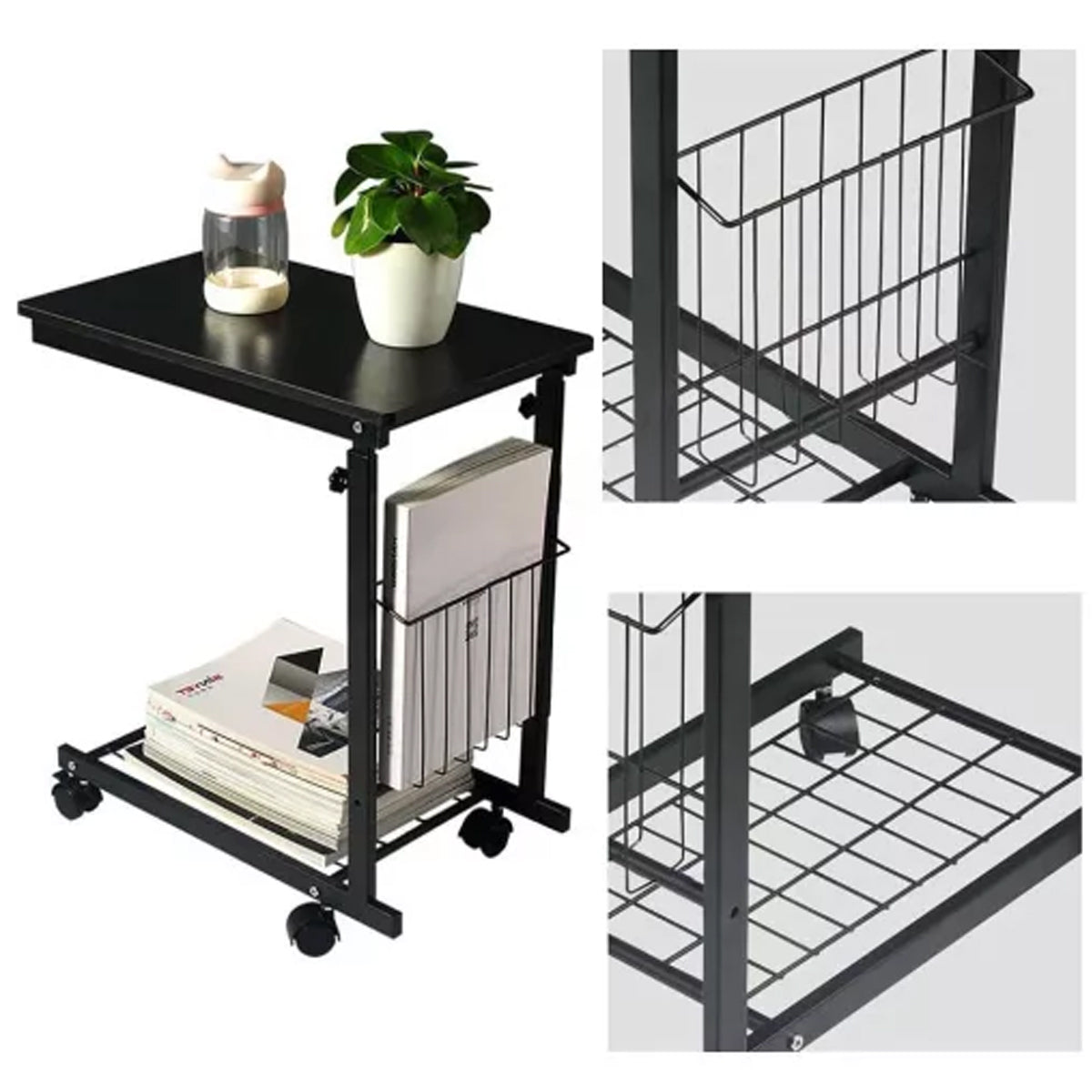 Mobile Adjustable Side Table with Storage Basket and Shelf