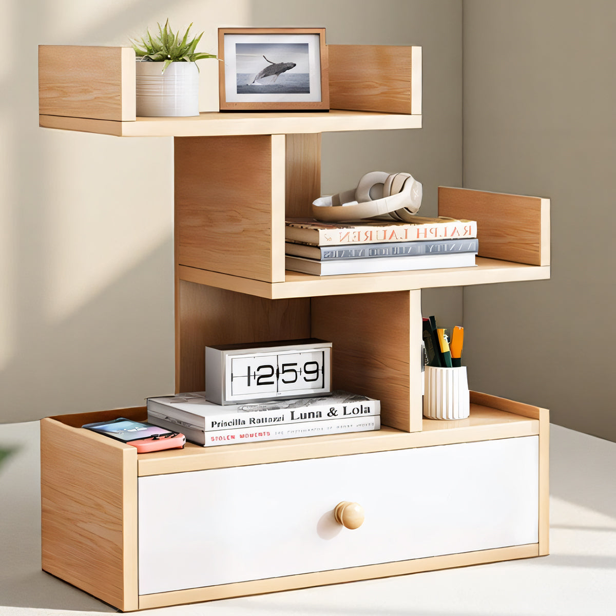 Multi Layer Wooden Desktop Shelf with Drawers Home Office Sturdy