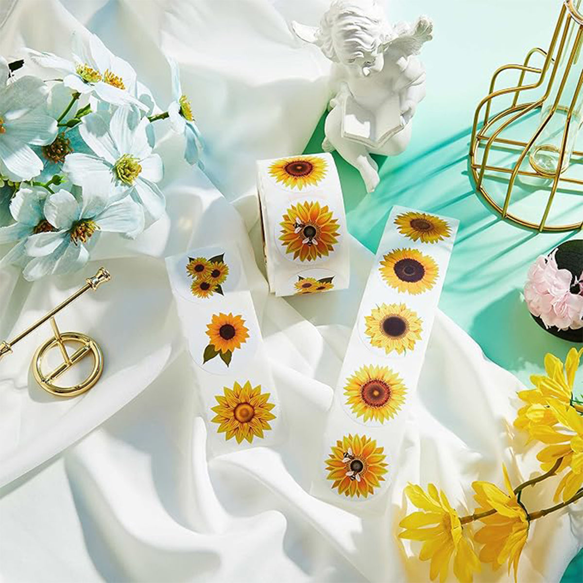 2 Rolls Sunflower Decorative Stickers Self-Adhesive Labels