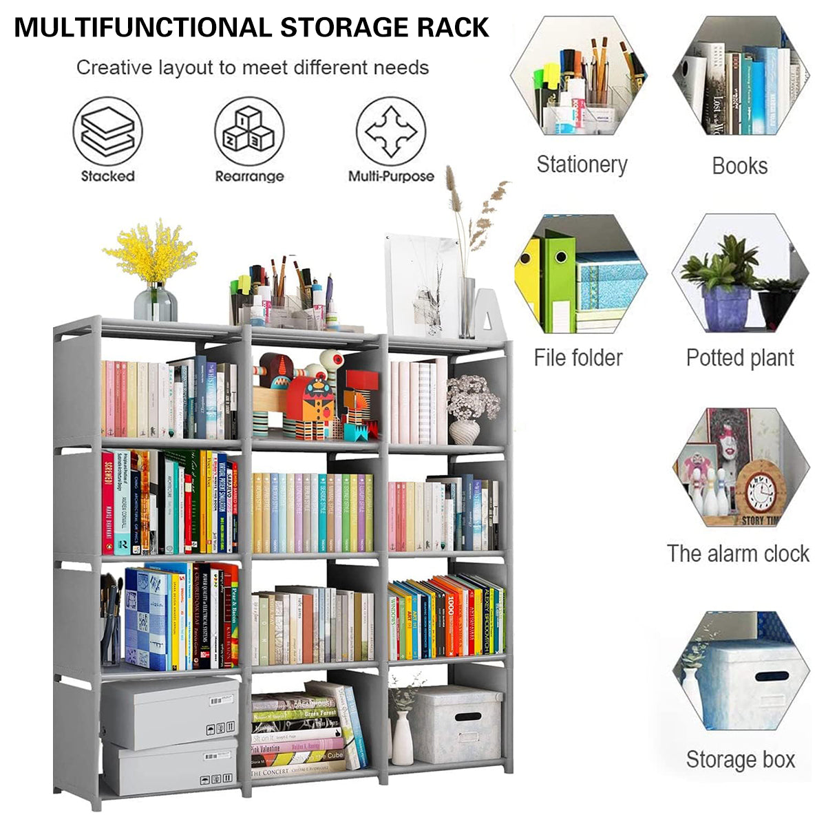 Bookshelf Storage Cabinet Steel Frame 9 or 12 Compartments