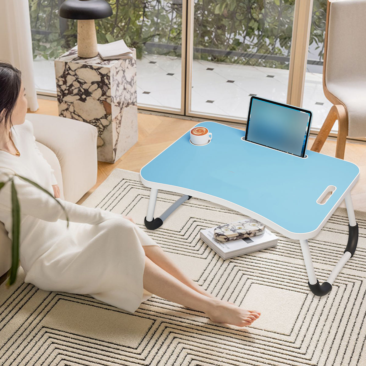 Foldable Bed Side Table with Cup Holder and Device Slot for Home Use