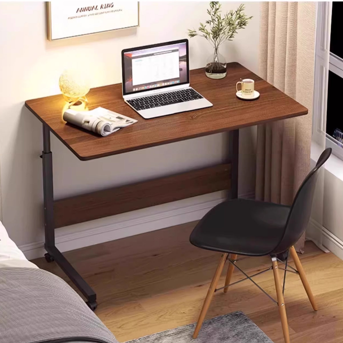 Mobile Bedside Table with Adjustable Height and Wooden-Tone Desktop