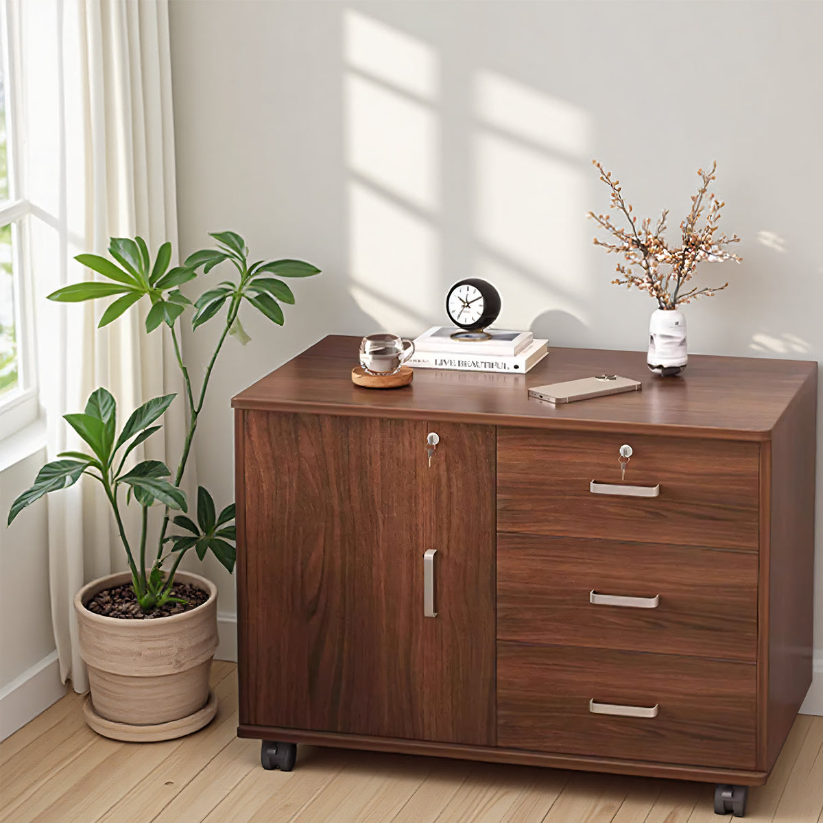 Lockable Movable Filing Cabinet with Wheels Large Capacity