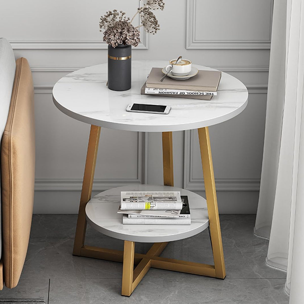 2 Tier Round Side Table White Marble Design Metal Frame