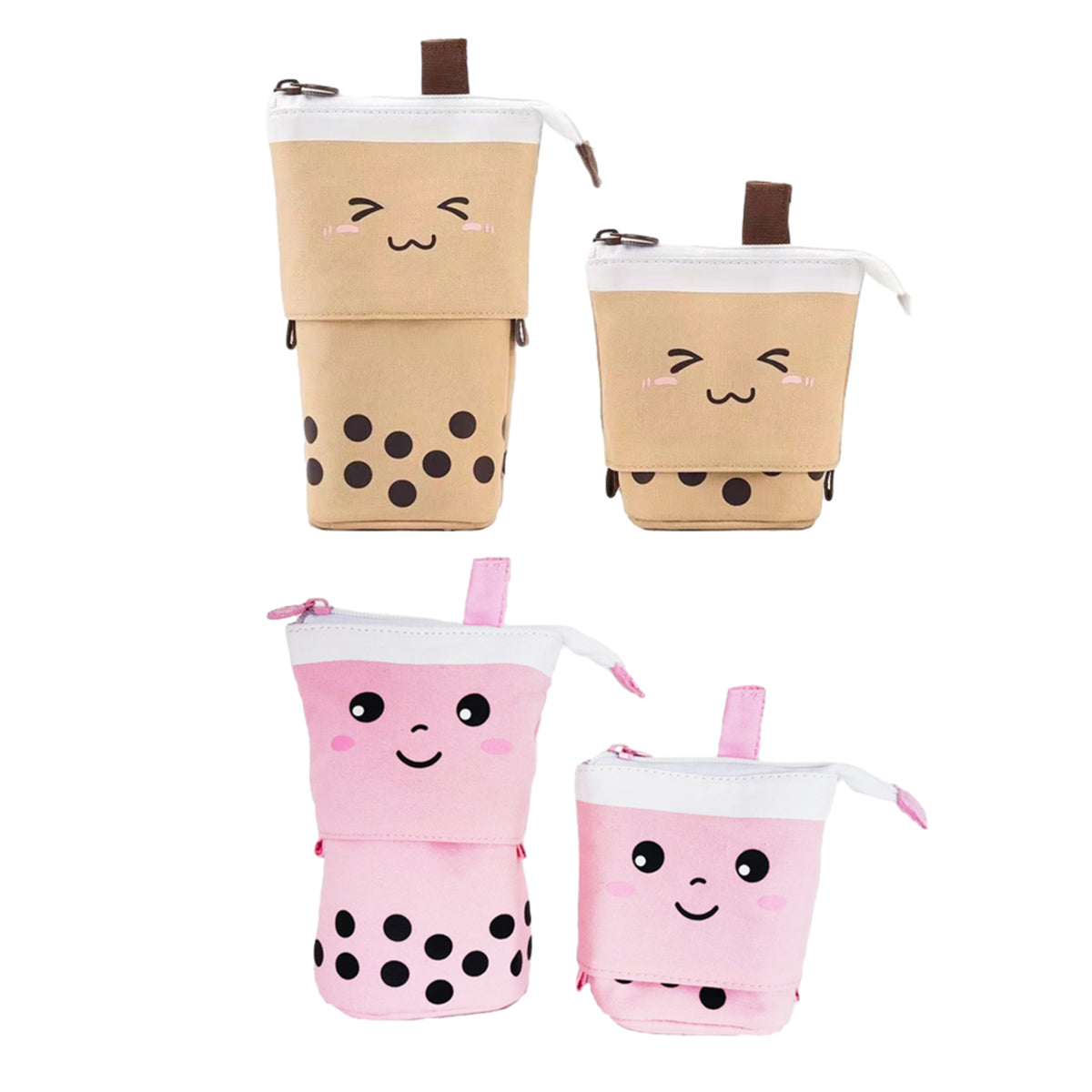 2 Pcs Bubble Tea Telescopic Pencil Case Canvas Beige Pink