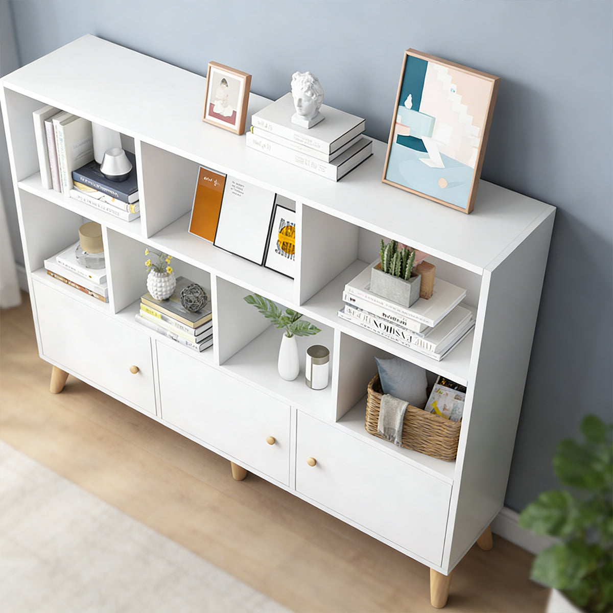White Bookcase Storage Cabinet with Doors and Legs