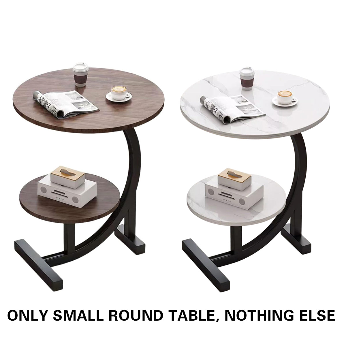 Round Side Table with Shelf Marble Pattern Metal Frame