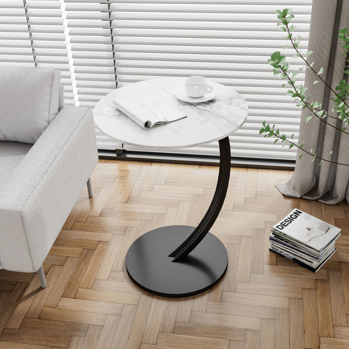 C-Shaped Side Table with Metal Frame for Sofa