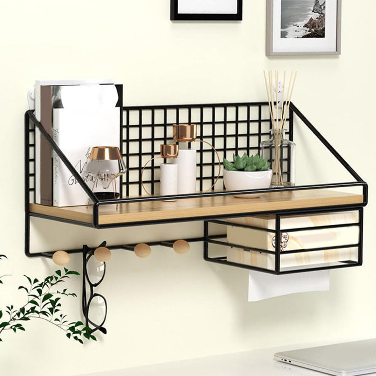 Wall Mounted Iron Storage Rack with Hooks and Tissue Holder