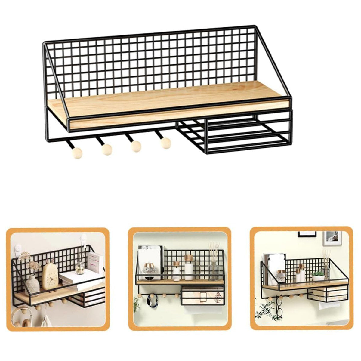 Wall Mounted Iron Storage Rack with Hooks and Tissue Holder