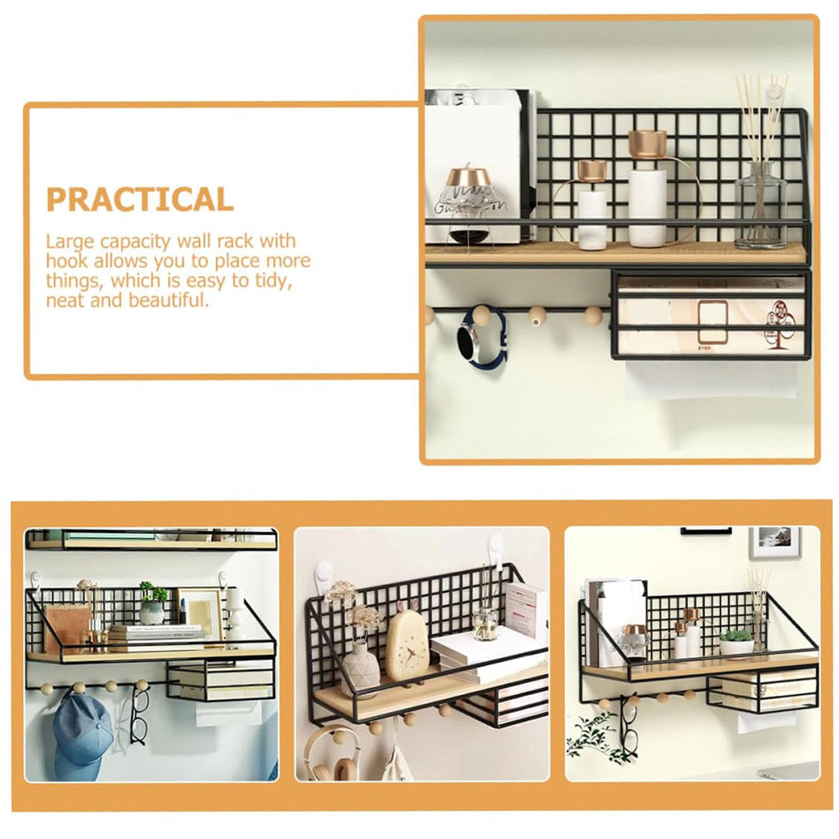 Wall Mounted Iron Storage Rack with Hooks and Tissue Holder
