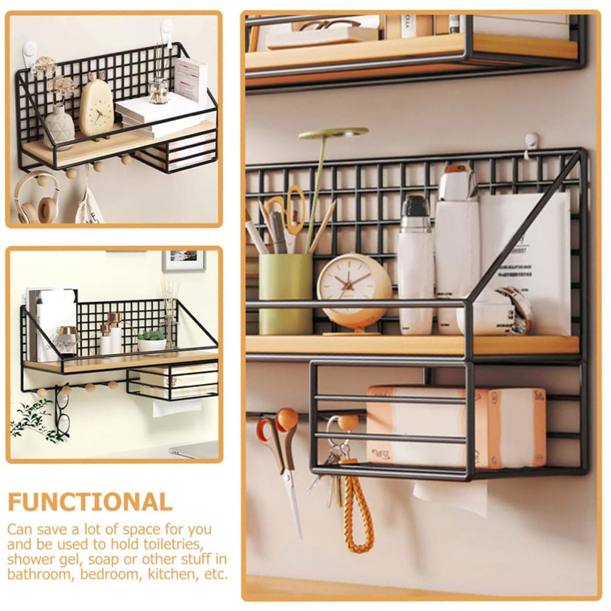 Wall Mounted Iron Storage Rack with Hooks and Tissue Holder