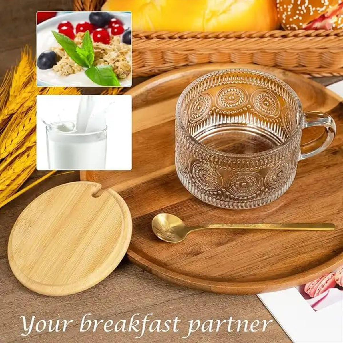 4pcs Embossed Glass Coffee Cups 14oz with Lids