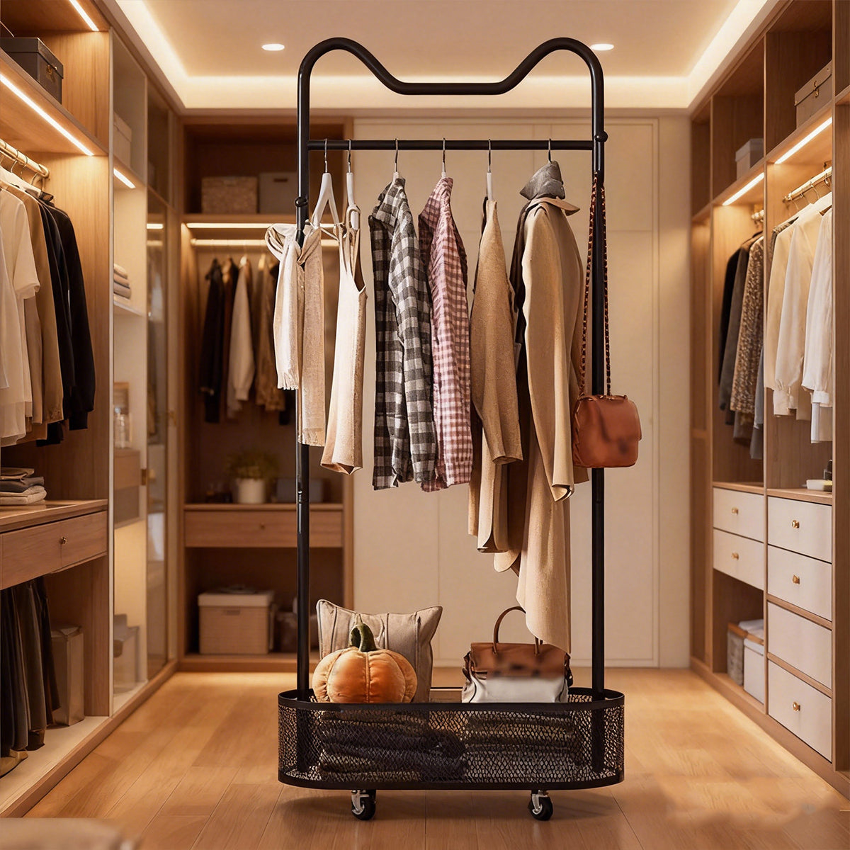 Moveable Clothes Rack with Wheels Basket and Hooks